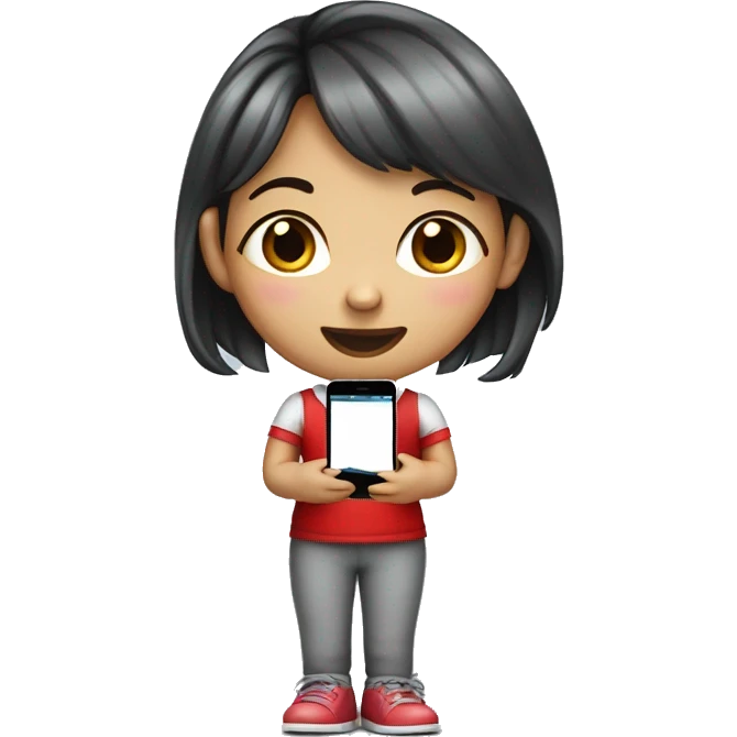 A little seven-year-old girl wearing a red candy cane shirt with gray pants, black shoes while holding an iPhone with a slightly Asian face emoji