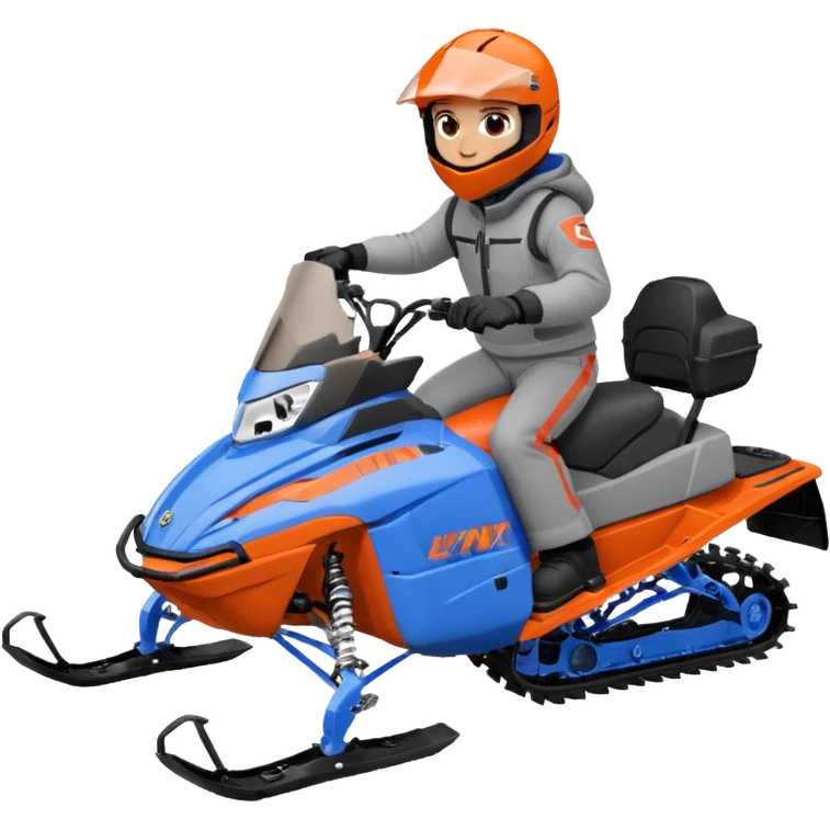 red Lynx brand snowmoble wheelies. driver with gray clothes and black/orange / blue helmet emoji