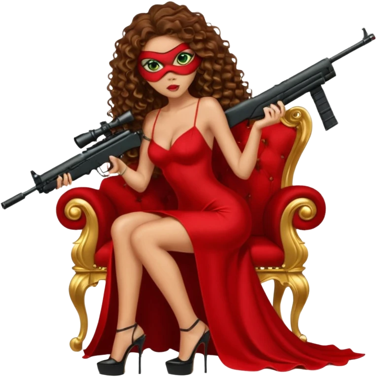 Drug dealer female green eyes symbol.  hair is brown curly long hair. sexy long with long red and black dress and face cover on that covers her mouth only. black stiletto platform high heels shoes on. Holding sniper rifle sitting on a gold throne. emoji