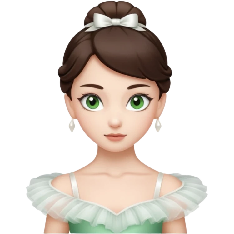 Realistic Ballerina Portrait, with porcelain-like skin featuring a natural rosy flush, illuminated by soft lighting that highlights the gentle contours of her face. Her Brunette hair flows in soft.Her deep green light eyes radiate framed by arched brows and long lashes. emoji