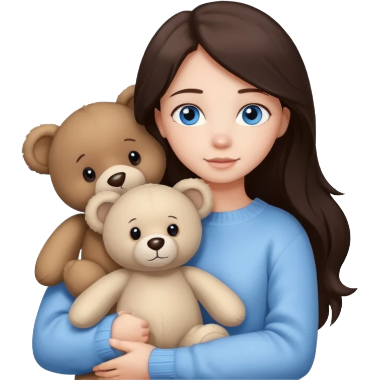 a girl with long dark brown hair, with blue eyes, in a
white sweater, hugs 3 different natural coloured emoji