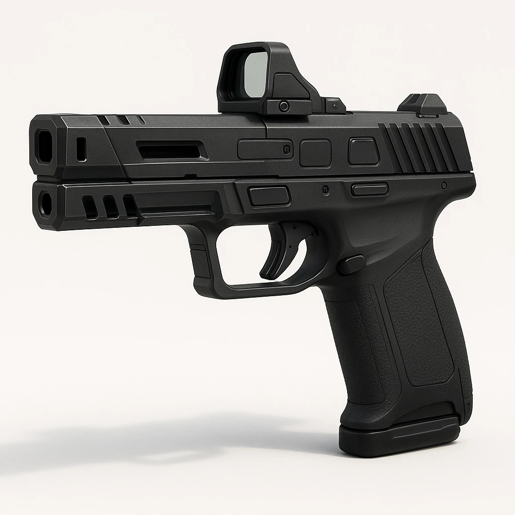 hyper-realistic 3D render of a futuristic compact pistol, matte-black, angular slide cuts, integrated reflex sight, polymer ergonomic grip, extended barrel with compensator, side vent ports, minimal controls, magnetic slide lock, smart sensor panels, side view, clean white or grey background, soft shadow, modern tactical sci-fi style emoji