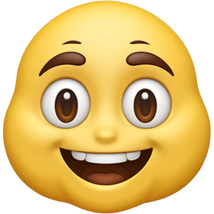 A hyper-realistic 3D render of a cartoon-style emoji face with exaggerated features. The emoji has a bright yellow, smooth, rounded face with large, shiny, expressive brown eyes and raised dark brown eyebrows. It shows an extremely wide, exaggerated smile with perfectly aligned, large  emoji