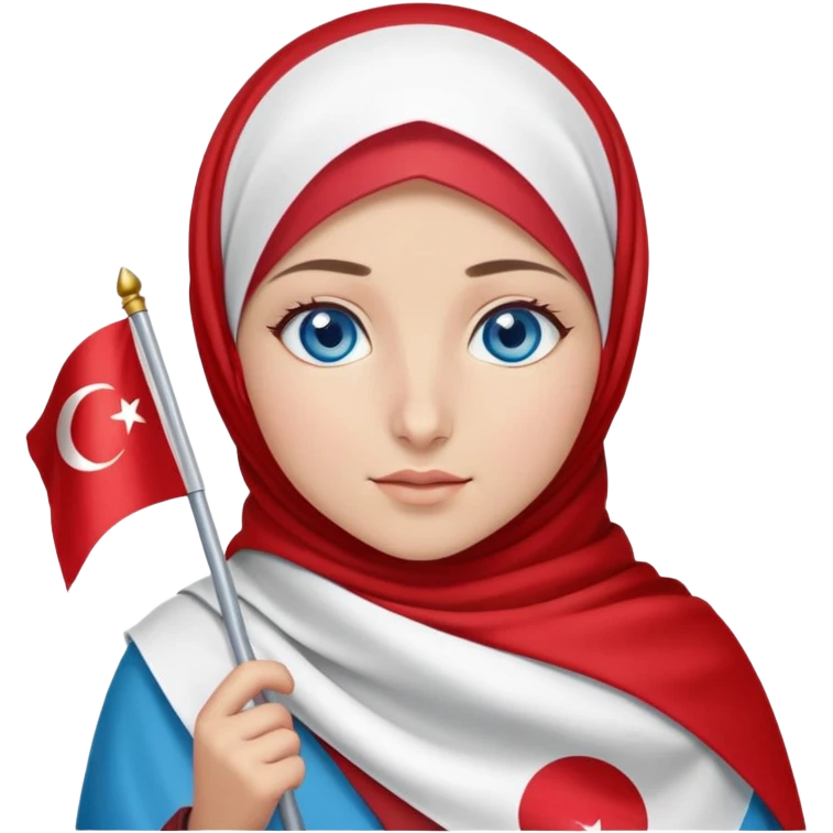 Turkish beautiful finish Konya girl blue eyes with red white hijab dress with turkish flag and watching the sky on the ground  emoji