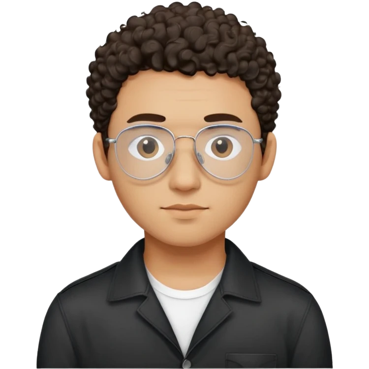 Man with small face and prominent forehead, teardrop-shaped aviator glasses, totally shaved sides with very minimal dark curly hair only on top, light brown complexion, gentle expression, black button-up shirt emoji