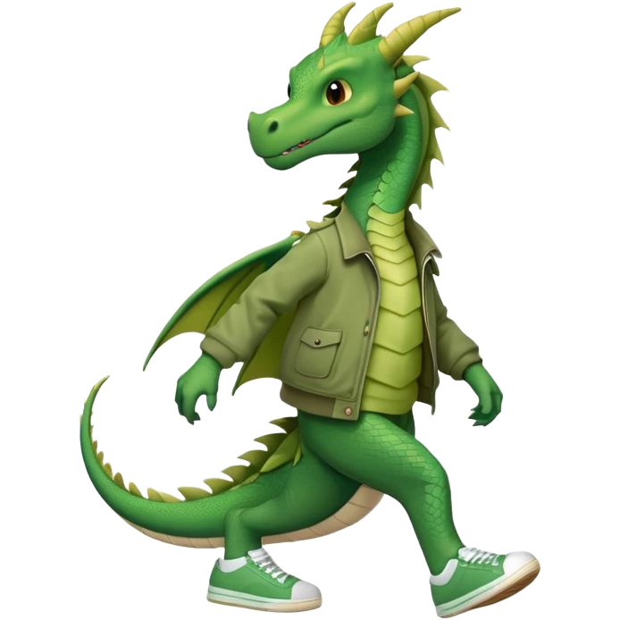 friendly anthropomorphised green dragon in a jacket and sneakers walking upright, relaxed pose emoji