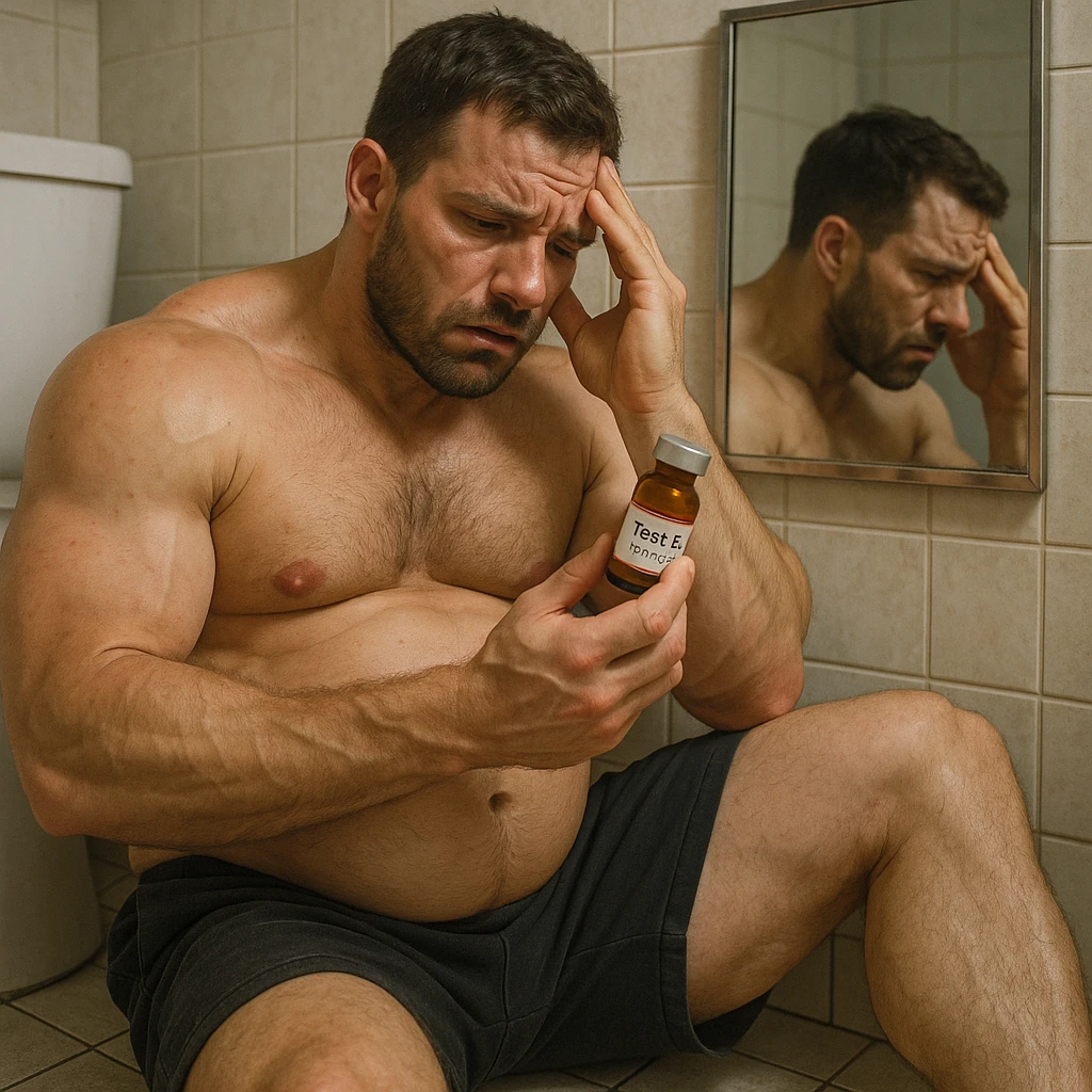 A 35-year-old bodybuilder sits shirtless on a bathroom floor, clutching an empty vial labeled "Test E 250mg". His physique shows the paradox of PED abuse: bloated stomach (high estrogen), but zero exceptional muscle gains.  emoji