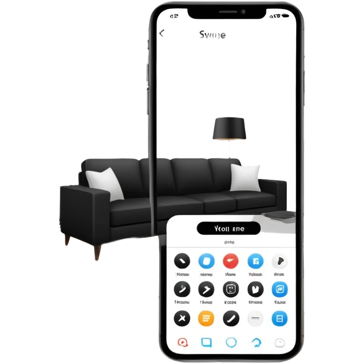 smartphone with interior design style quiz app showing swipe left and right arrows between modern and traditional living room styles emoji