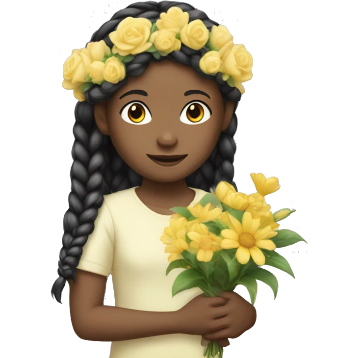 a white child black long hair in braids wearing a pastel yellow jumpsuit with white shirt in it and carrying a flower arrangement in her hands emoji