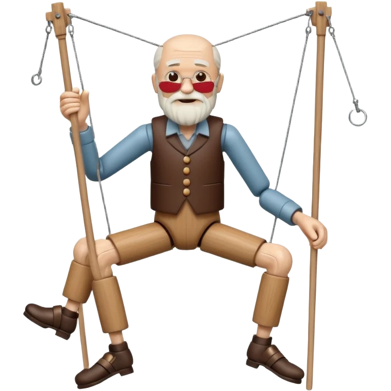 3D render of Old Man Puppet as a wooden marionette puppet, Carved wood beard, silver metal screw joints at elbows and knees, polished brown wood texture, rigid toy pose, emoji style, isolated on white background --v 6.0. emoji
