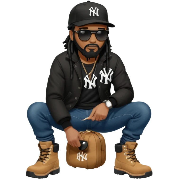 African American man with shoulder length black dreadlocks with black beard wearing black sunglasses wearing a black New York Yankees logo baseball cap wearing a black bubble winter coat wearing denim skinny jeans and timberland boots bending down tying up his shoes emoji