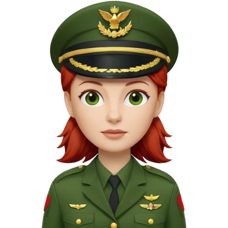 iOS Memoji style, white woman, red hair, green military officer uniform, peaked cap, 3D render, white background. emoji