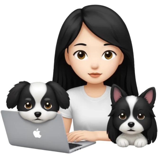 Asian girl with long black hair , wearing a white t-shirt, working on an Apple laptop, next to her is a small black and white dog emoji