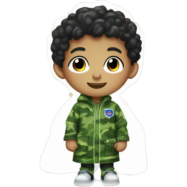 6 year old boy with white skin and brown eyes and black short curly hair and he's wearing a robe patterned in green camoflauge colors in a tune squad undershirt emoji
