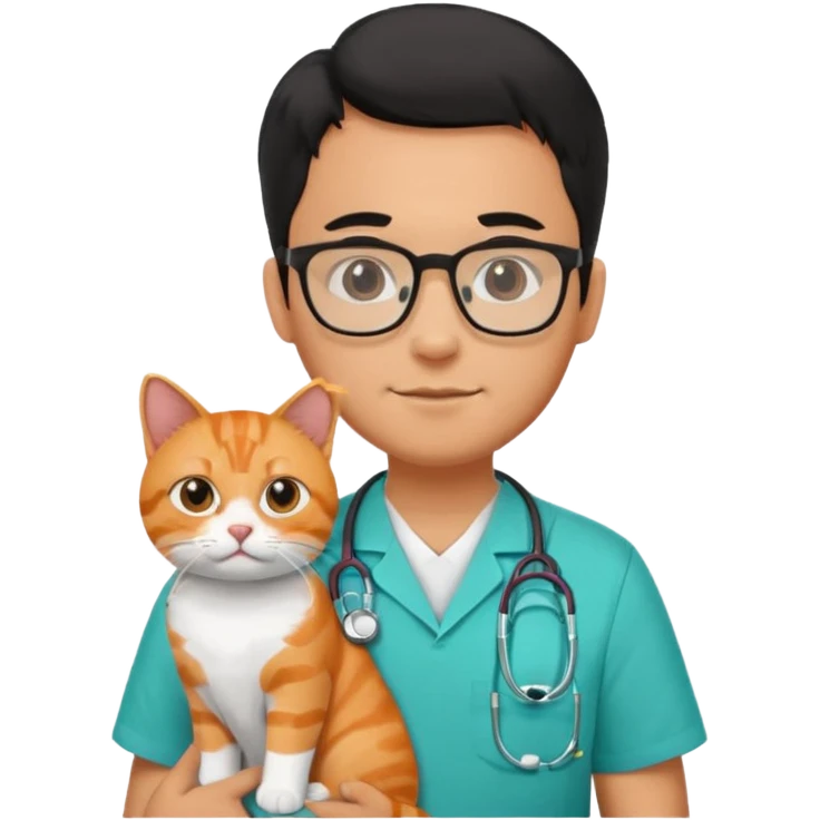 Veterinario hombre trigueño con lentes, con cabello negro, y con uniforme veterinario color verde turquesa y estetoscopio  cargando un gato naranja emoji