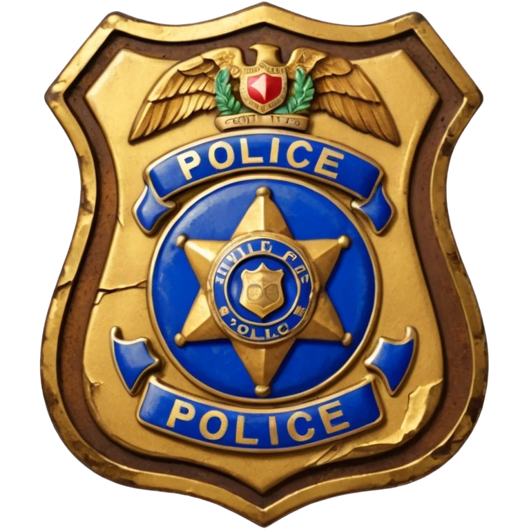 cinematic - aesthetic brilliant divine lighting, oil paint - antique police badge rusty, crumpled and broken emoji