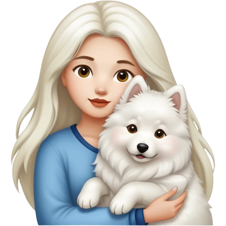 A girl with long highlighted hair holding a Samoyed emoji