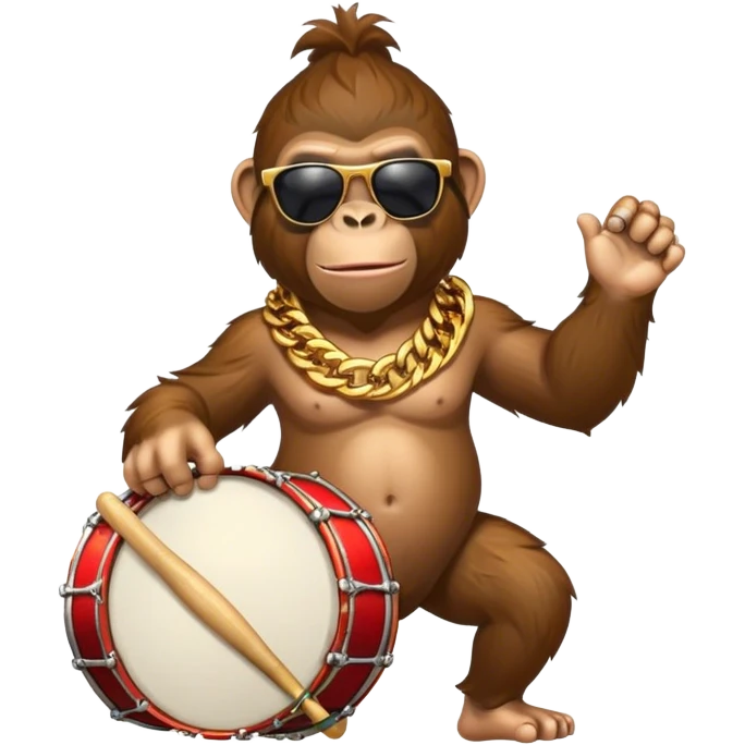 ape with big golden chain on the neck wearing sunglasses plays drum full heighth emoji