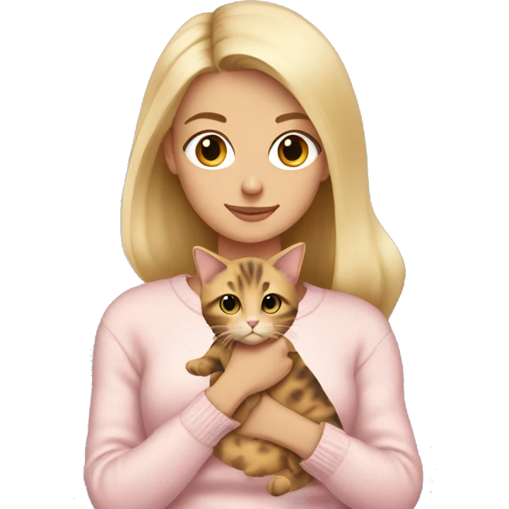 blonde girl wearing a pale pink sweater  holding a tortoiseshell cat with a white belly emoji