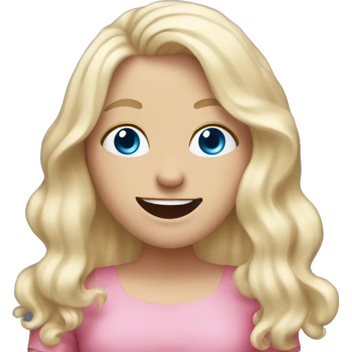 White girl. Long white blonde hair. Blue eyes. Pink dress. Hand in front of mouth laughing  emoji
