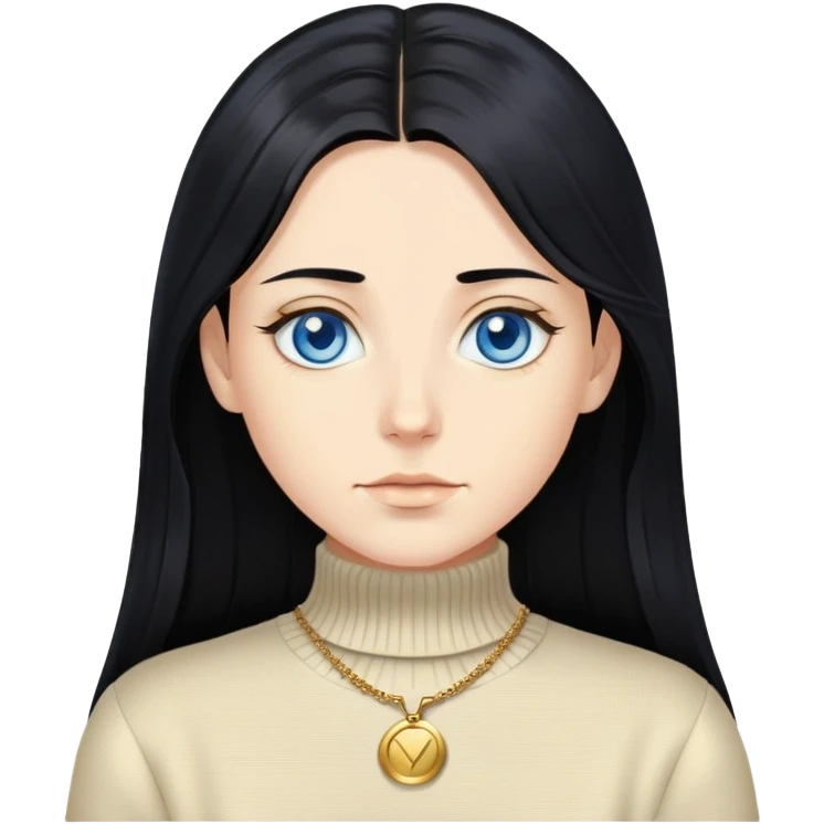 Black long hair with blue eyes wearing a high neck sweater with gold buttons emoji
