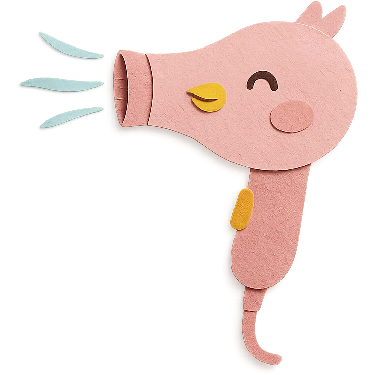 soft pink bird-shaped hair dryer, blowing gentle air, happy expression, full-body emoji