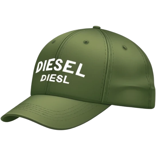Deep army green Diesel cap, isolated hat with white handwritten Diesel text and the brand's logo below it, no human emoji
