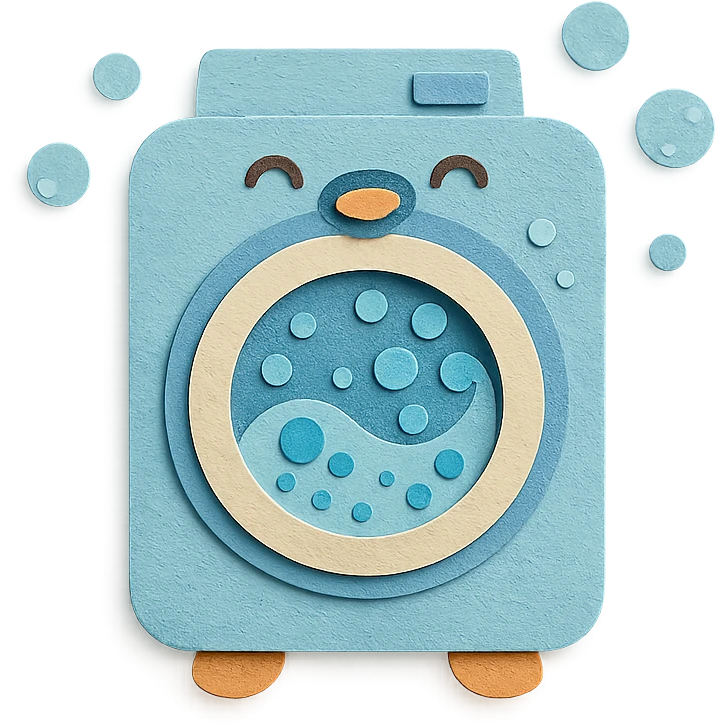 cute penguin-shaped washing machine with soap bubbles spinning around, happy expression, pastel blue, full-body emoji