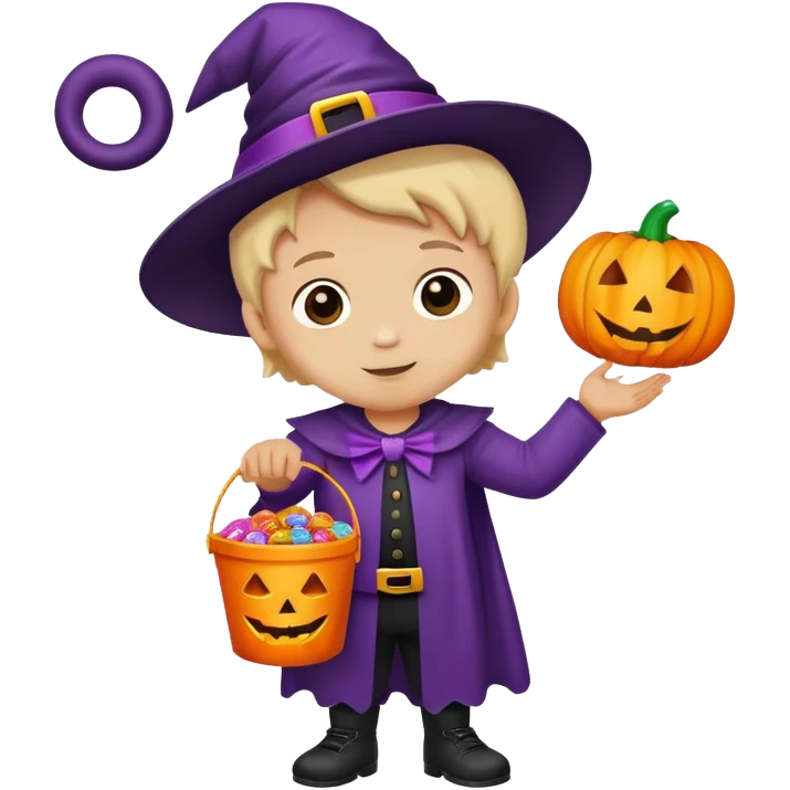 child trick-or-treating in a Halloween costume, holding a candy bucket emoji