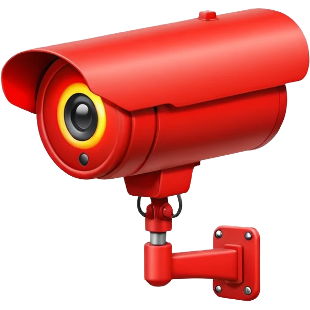 Minimalist emoji-style sticker of a CCTV camera with a glowing red record light, facing forward. Flat icon, grayscale with small red accent.
 emoji