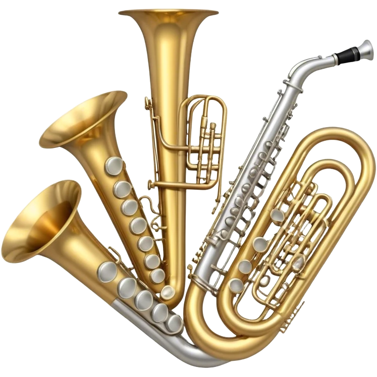 Create a professional, harmonious emoji collage symbolizing wind instruments.  The instruments should be in metallic gold, silver, and brass tones, with subtle reflections to convey a professional and polished appearance. Add soft musical notes or soundwaves to surround the instruments, creating a sense of movement and sound. The background should be transparent, ensuring all instruments are the focus and the composition remains harmonious and balanced. emoji
