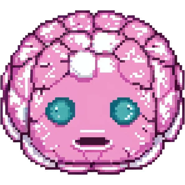 16-bit pixel art of a pink brain-shaped blob with sad droopy eyes and downturned mouth, smooth rounded brain texture, simple retro gaming style emoji