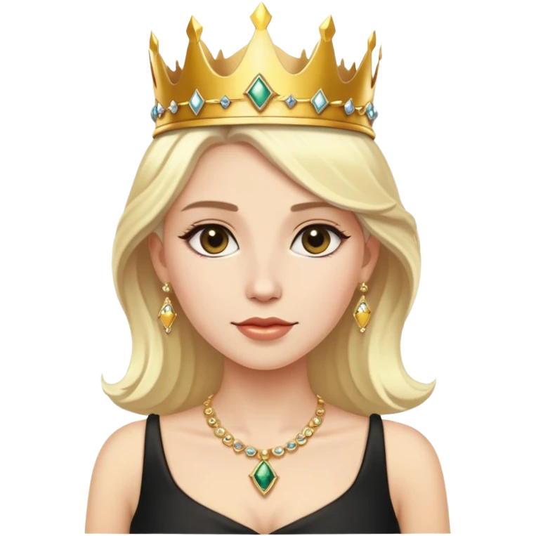platinum blonde white woman wearing a golden crown, gold jewellery with a black dress emoji