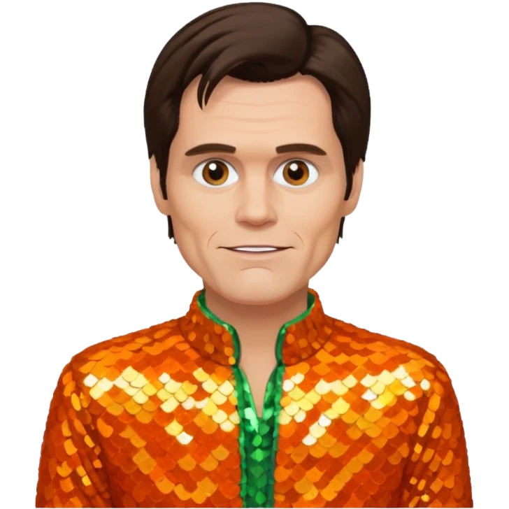 Jim Carrey with dark brown hair, orange sequin outfit emoji