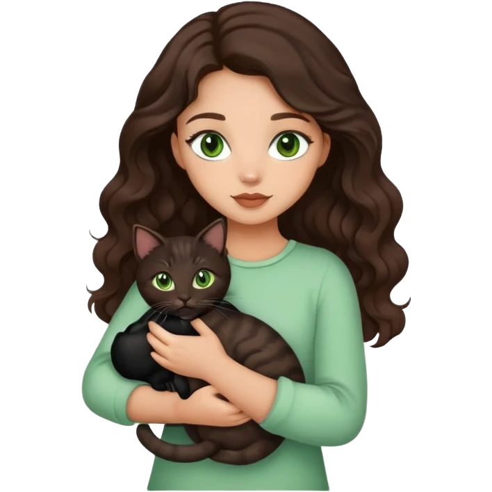Beautiful girl with dark brown wavy hair and green eyes holding black and brown cats in arms emoji