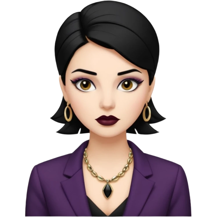 “Emoji girl, sculpted contour, bold dark lipstick, defined brows, sharp eyeliner, sleek black hair updo, statement necklace, black blazer.” emoji