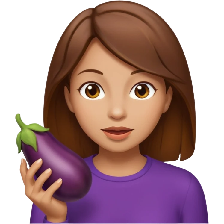 Brown hair light skin woman about to eat an eggplant  emoji