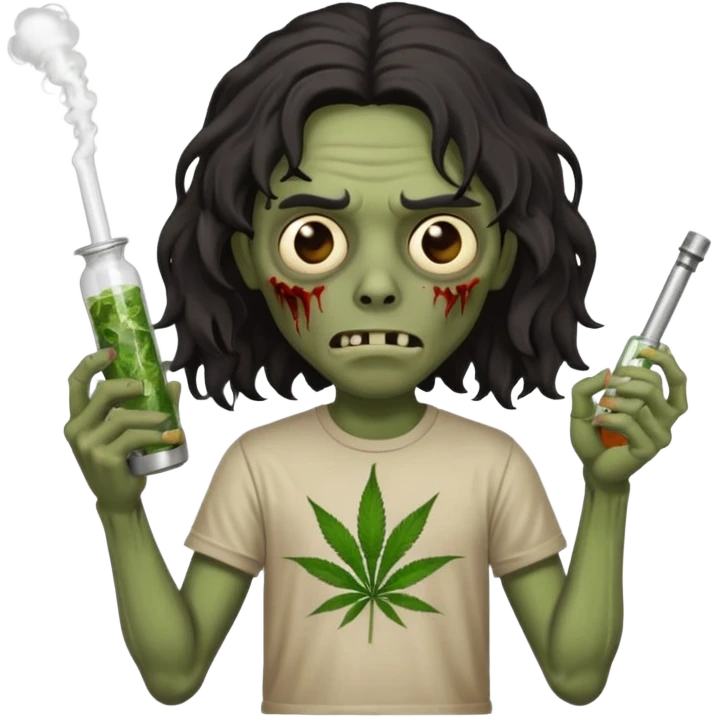 black mid long wavy haired zombie getting stoned with weed t shirt and bong on his hand emoji