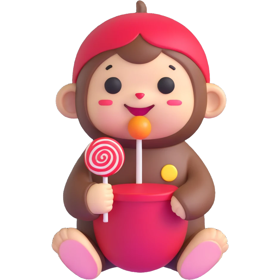 cute Monchichi plush toy with a lollipop emoji