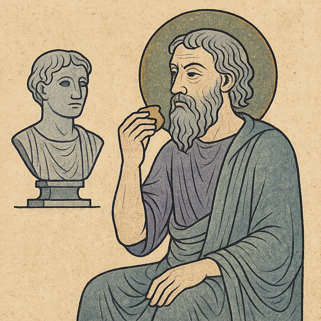 classic style philosopher eating, wearing toga, hand holding bread, marble bust, thoughtful expression emoji