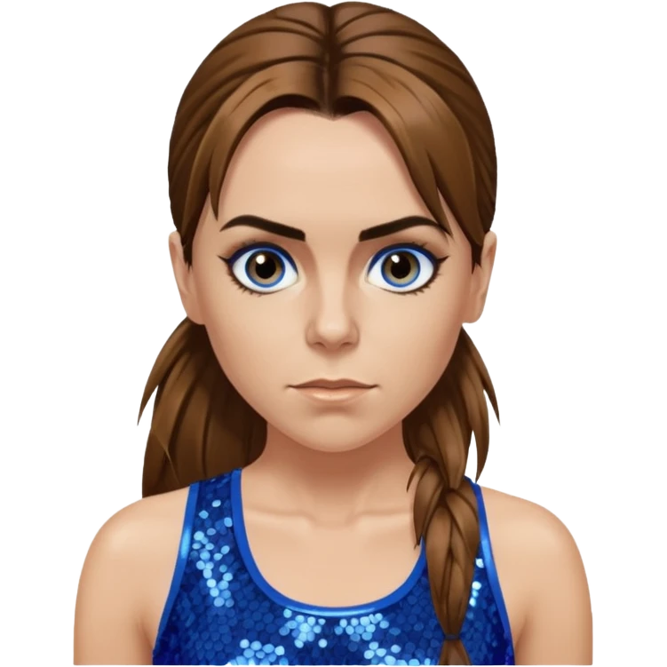 Melanie C with long brown ponytail hair, blue sequin crop top, hazel eye emoji