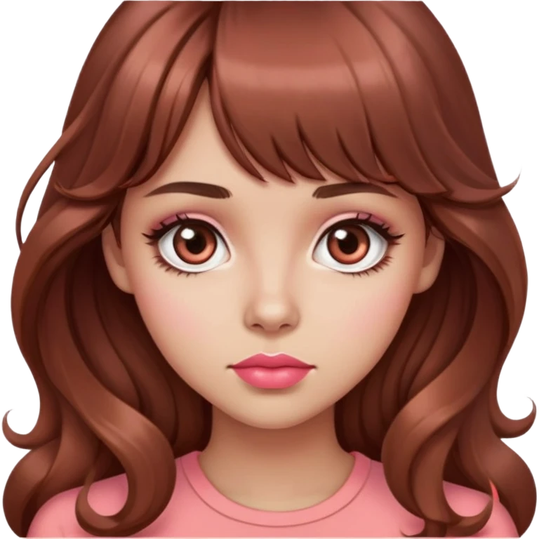 cute woman, unimpressed, popular girl, light tan skin, big dark brown eyes, very long wavy auburn hair, bangs, pink top, coral lipstick emoji