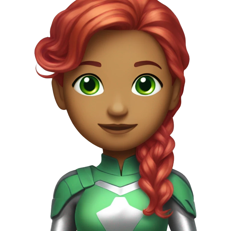 dc comics starfire red hair; purple silver spacesuit; jade green eyes emoji