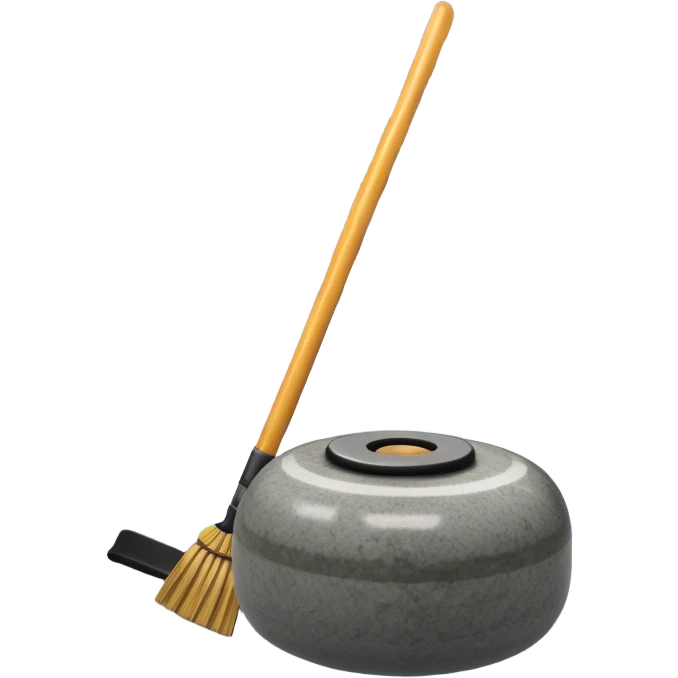 An icon showing a detailed close-up of a curling stone sliding across the ice, with a broom in motion beside it. The background features an indoor stadium with cheering spectators on the stands. Transparent background captures the strategy and focus of curling. emoji