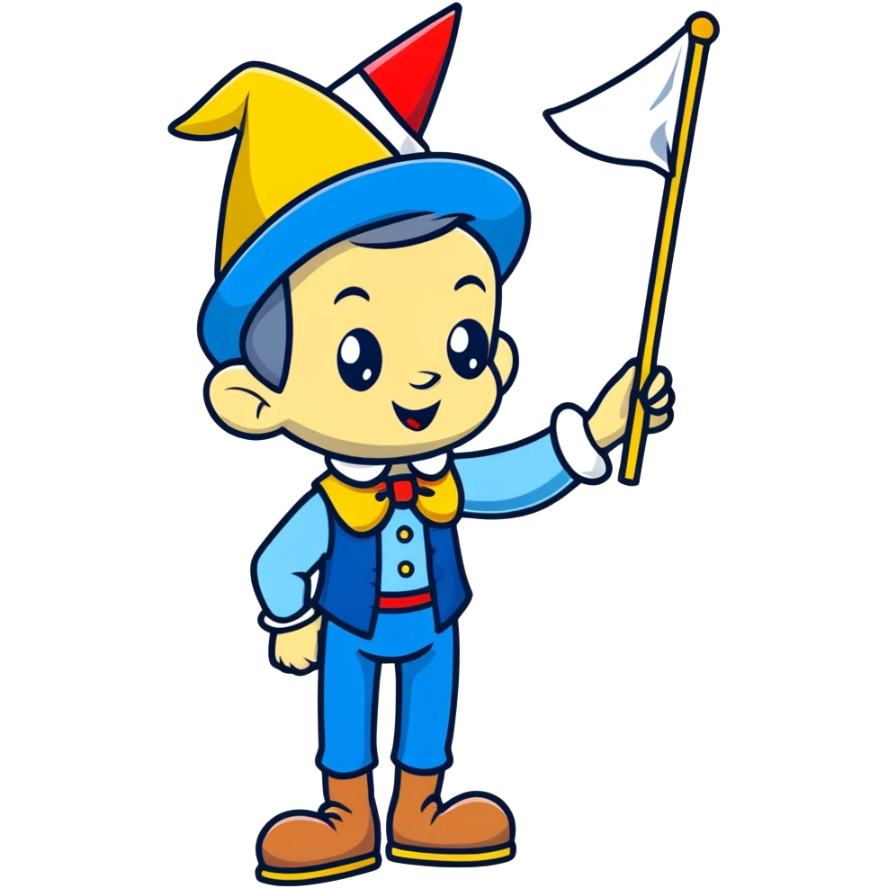 Cartoon Pinocchio puppet with growing long nose, blue outfit and pointed hat emoji