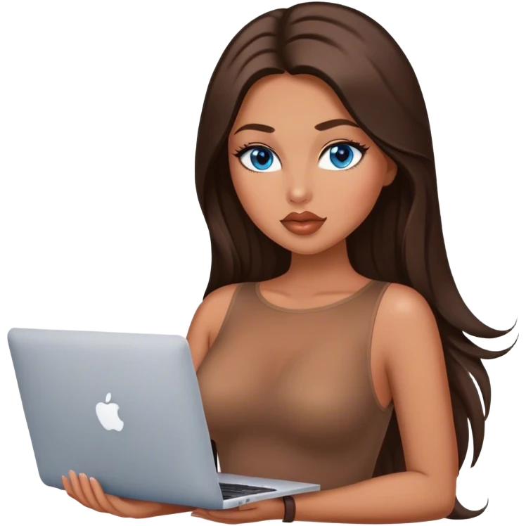 Glamours tanned very beautiful girl with big pump peach lips and dark chocolate straight smooth silky long hair, blue eyes in brown/beige bodysuit with MacBook emoji
