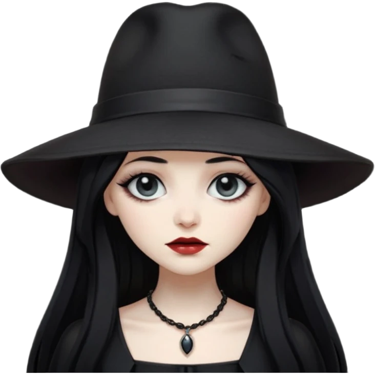 Female Goth with Wide-Brim Hat
 Long straight black hair, white skin, black dress, wide hat casting shadow over eyes. emoji