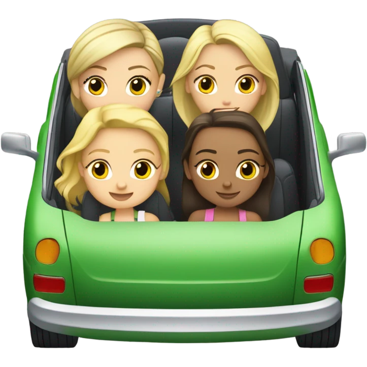 Two Caucasian blonde girls and two Caucasian brunette girls riding in a green volkswagen convertible emoji
