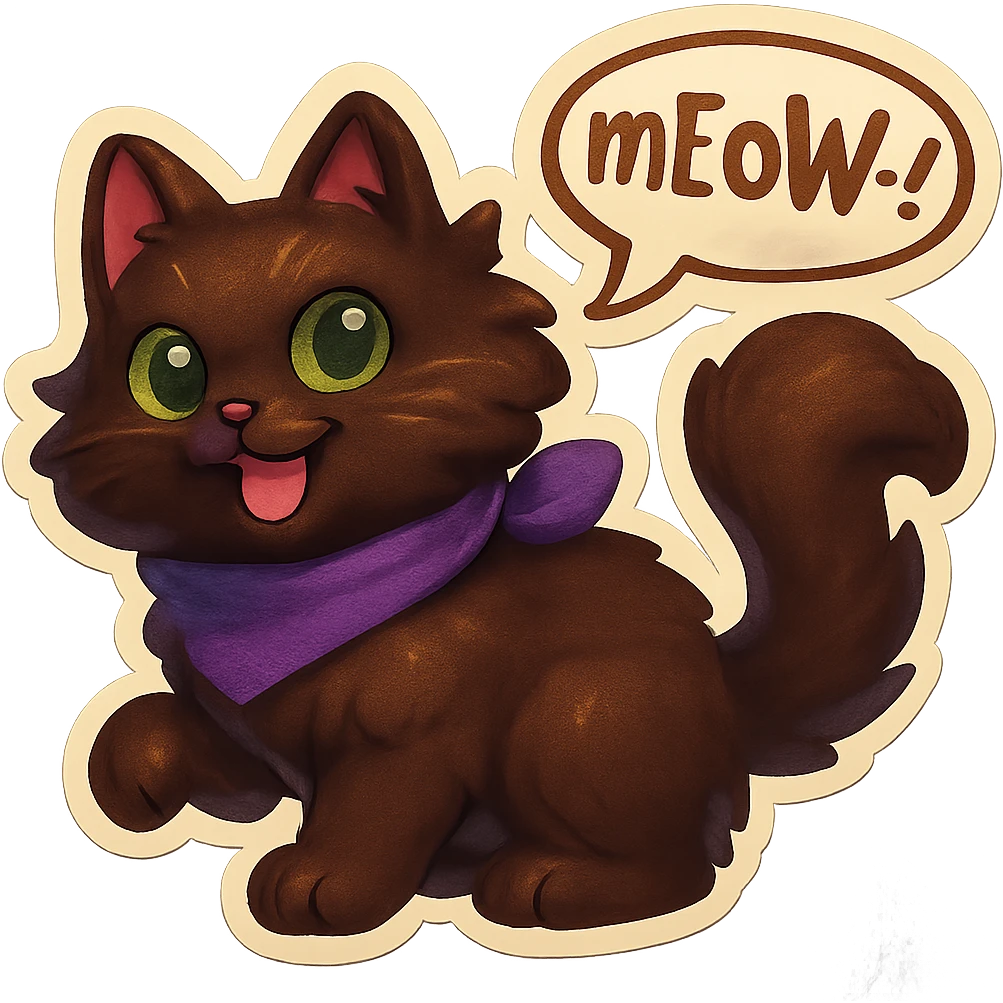 Fluffy cute playfull silly smiling happy dark-brown cat with green eyes and a purple scarf saying ‘mEoW~!’ (With a speech bubble) emoji