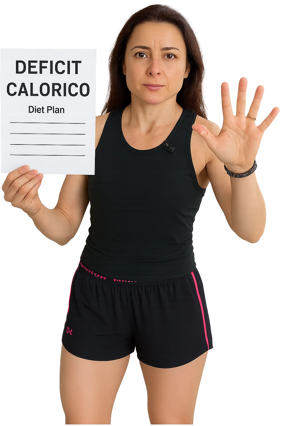 Donna con in mano una dieta con scritto "Deficit Calorico" emoji